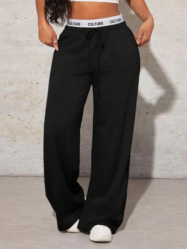 black wide leg casual sweatpants with logo waistband