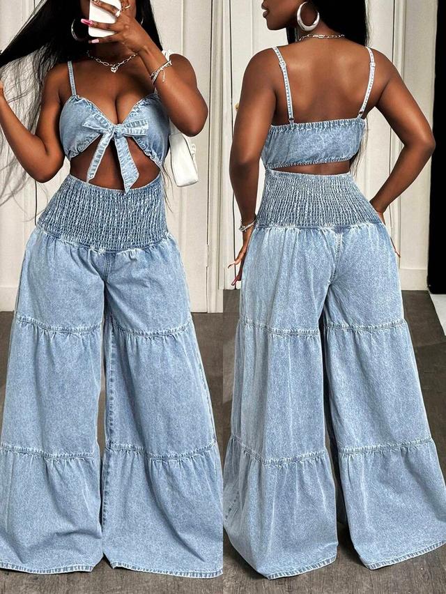 light wash denim tiered wide leg jumpsuit