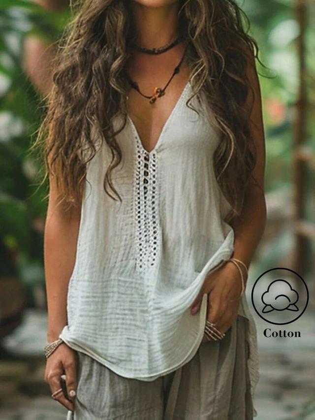 white textured cotton v-neck crochet trim sleeveless top