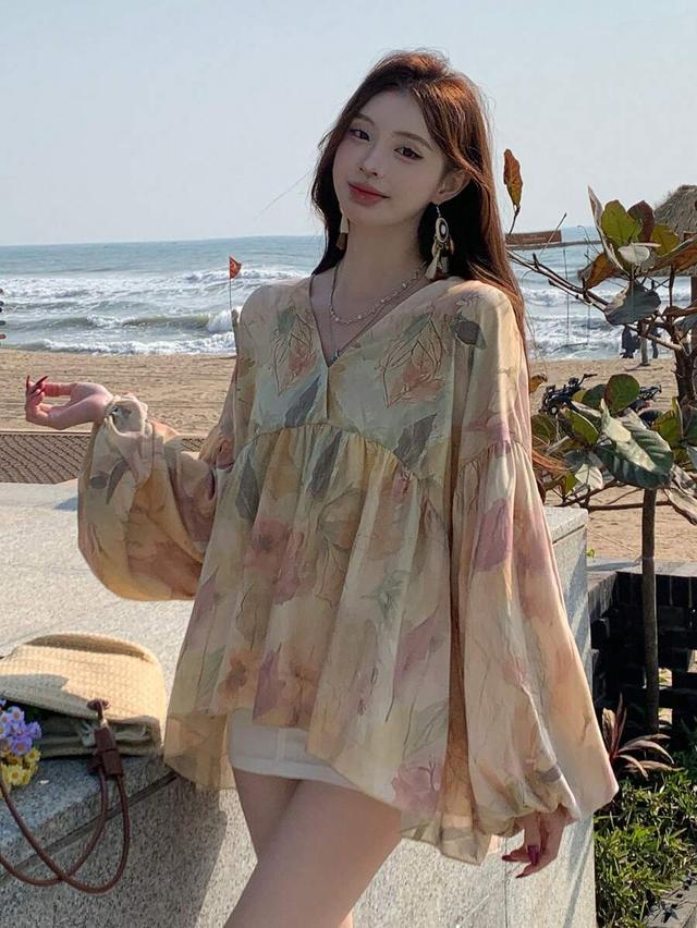 floral print v-neck loose fit long sleeve blouse