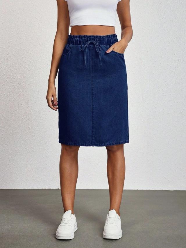 dark wash denim paperbag waist skirt
