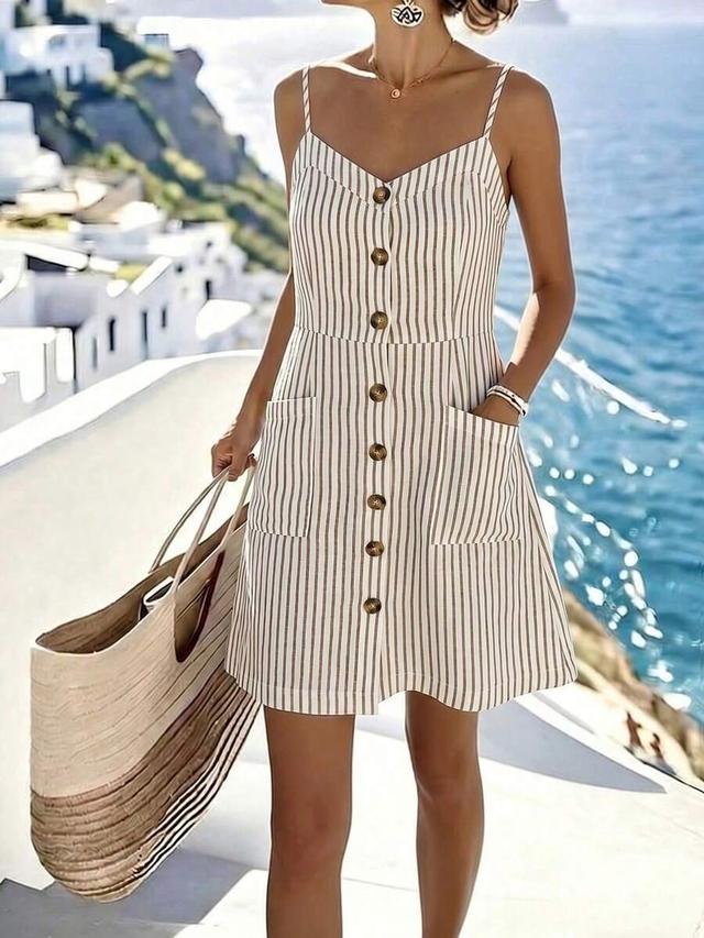 striped v-neck button-front casual summer dress