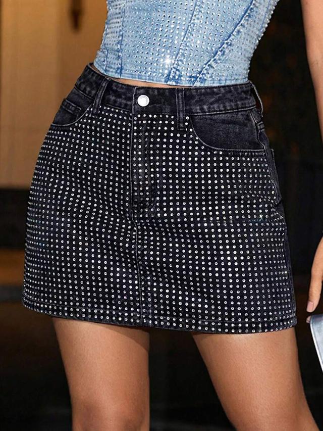 rhinestone decorated black denim mini skirt