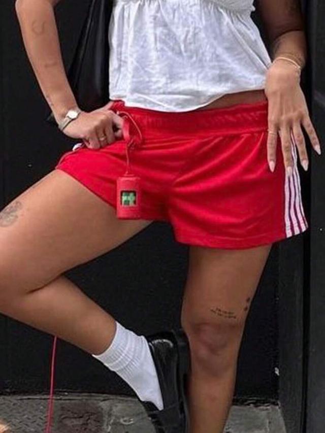 red side striped athletic shorts with elastic waist
