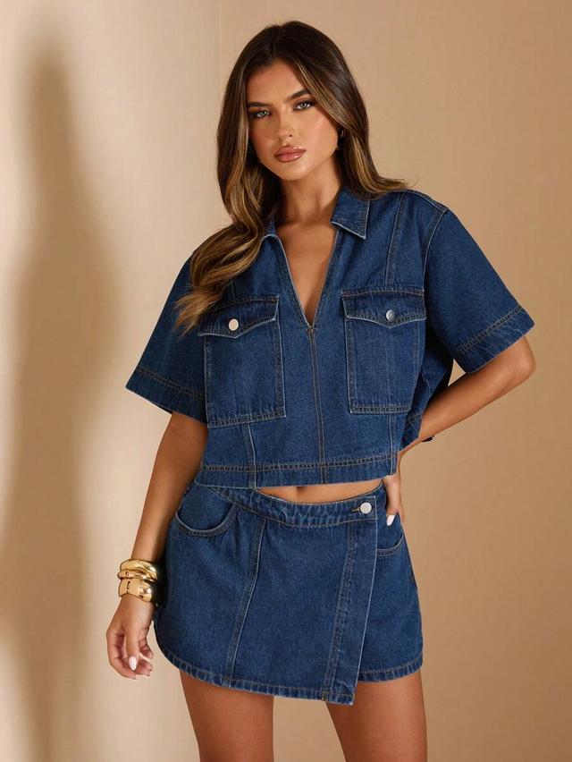 washed denim short sleeve top and wrap shorts set