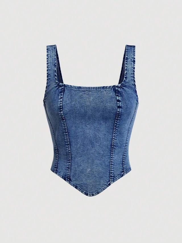 light blue denim square neck sleeveless corset top