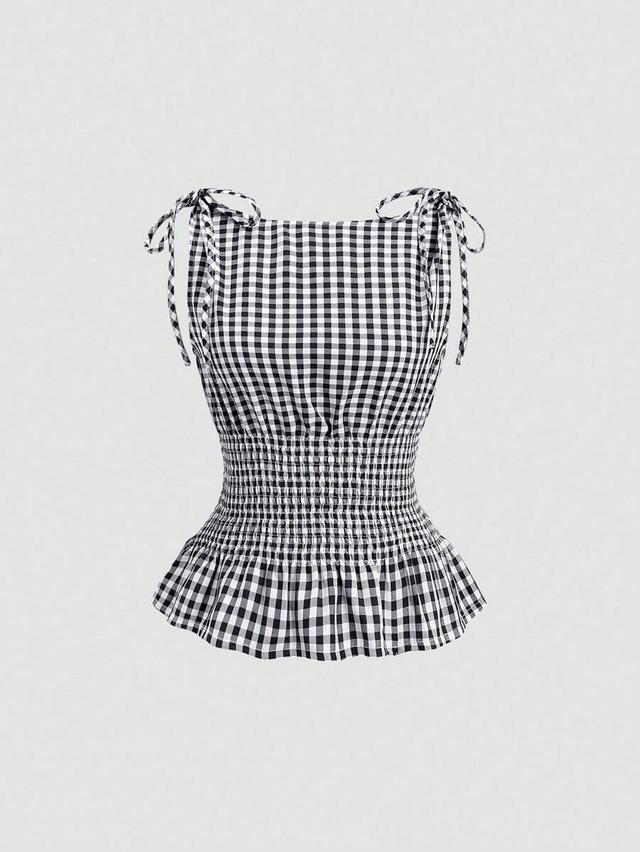 black and white plaid tie shoulder smocked waist top