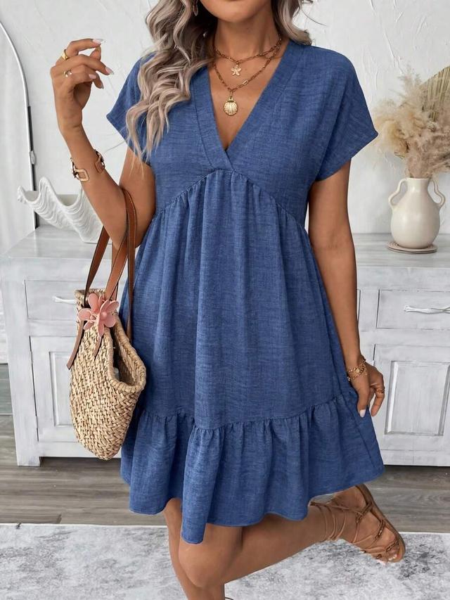 blue v-neck casual boho doll dress