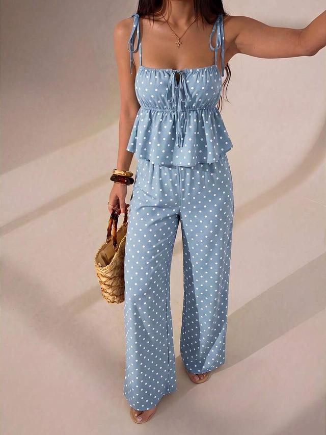 blue polka dot camisole and wide leg pants set