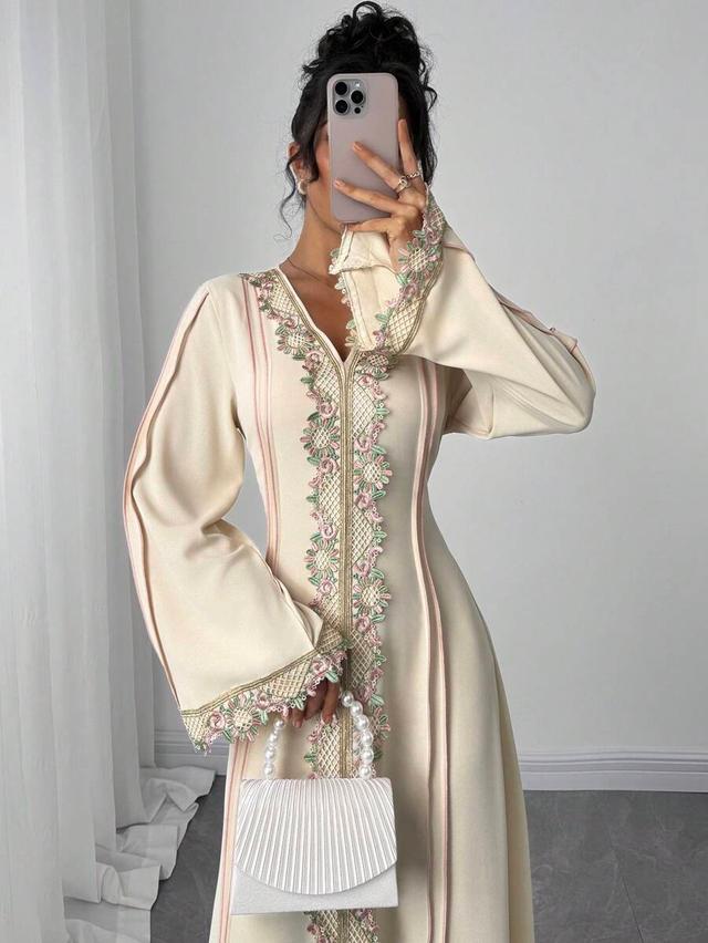 cream v-neck long sleeve robe with floral embroidery