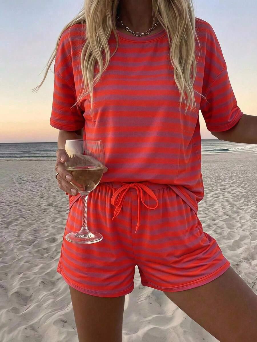 red and white striped short sleeve lounge set