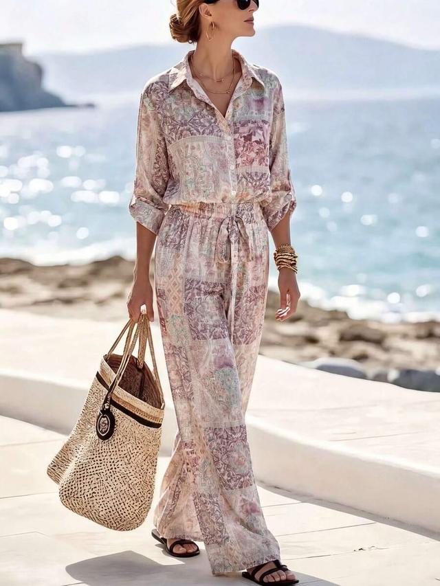 printed shirt and wide leg pants set