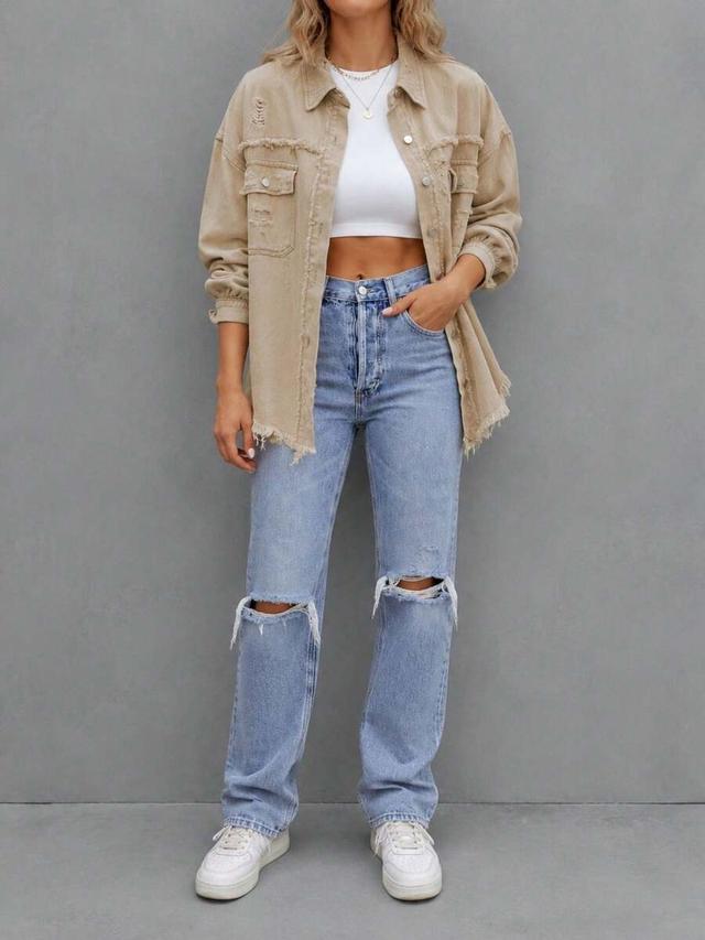 beige women's solid distressed fringe denim shirt jacket