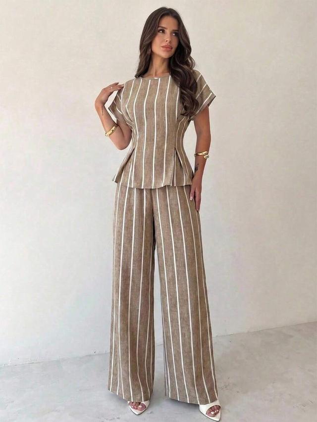 apricot yellow striped short sleeve top and wide leg pants set