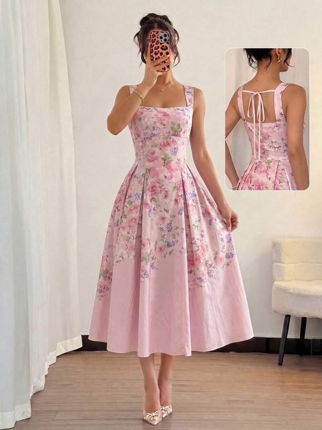 apricot floral print woven a-line midi dress