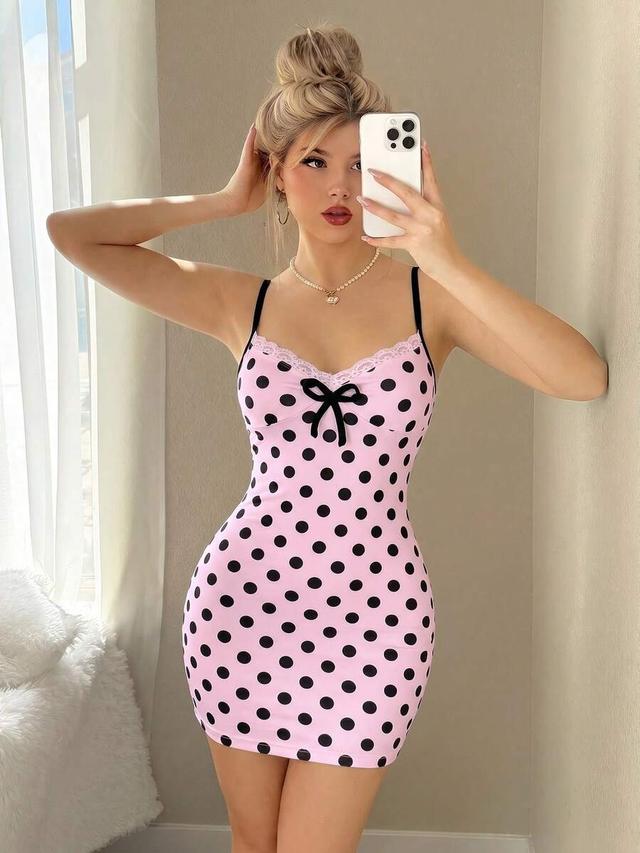 pink and black polka dot lace trim mini dress