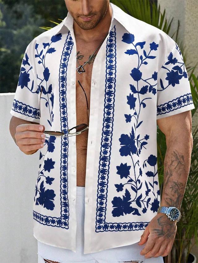 white and blue floral print short sleeve shirt