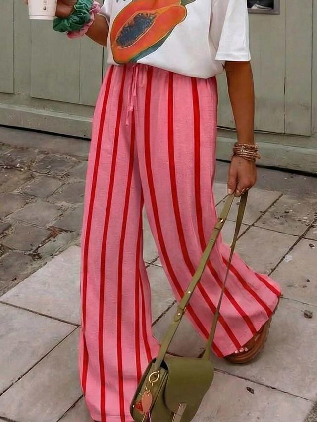women's pink and red striped wide leg trousers