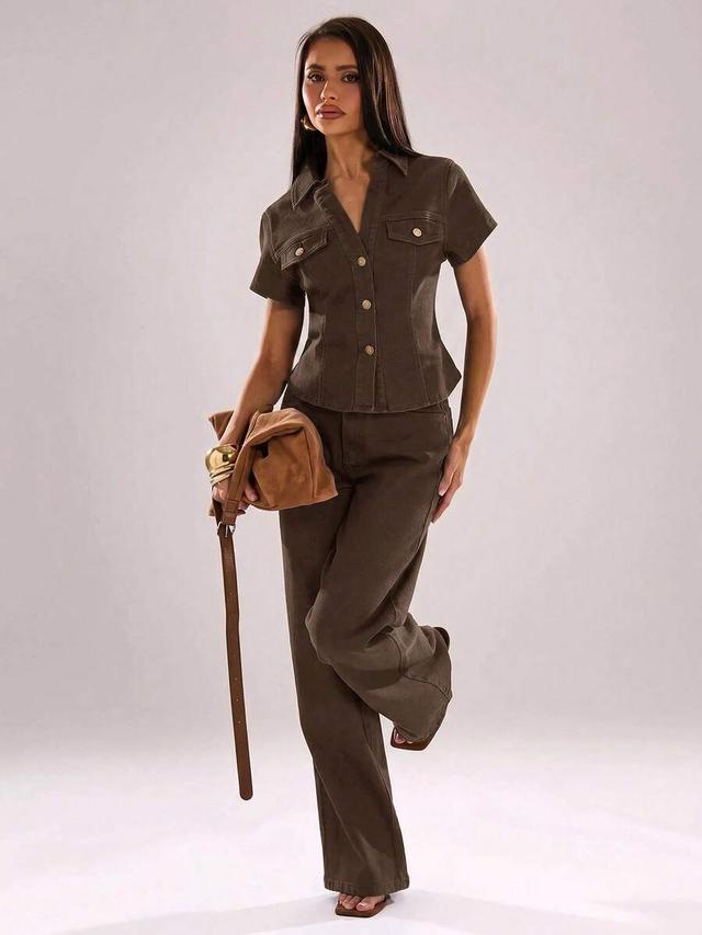 brown denim short sleeve shirt and wide-leg pants set