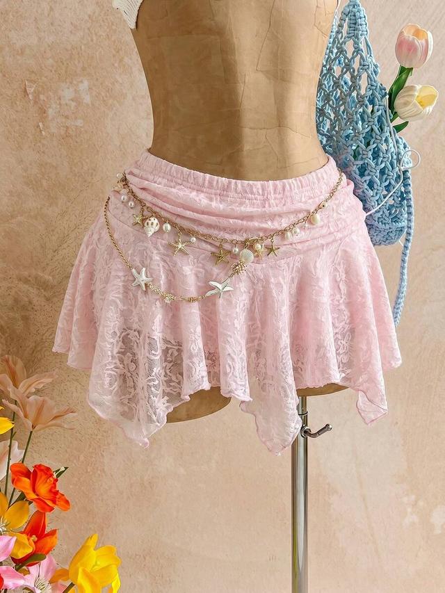pink lace asymmetric hem mini skirt