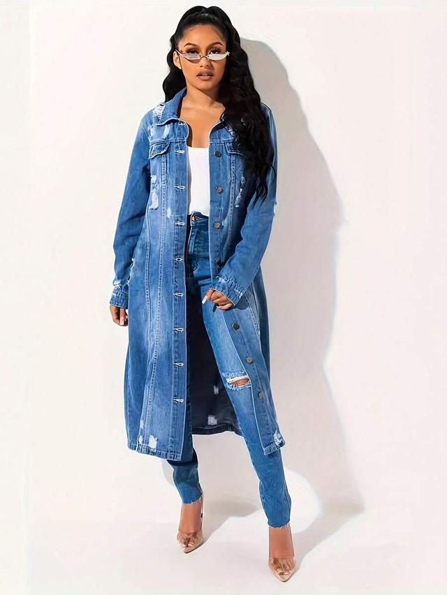 distressed blue denim longline button-down jacket