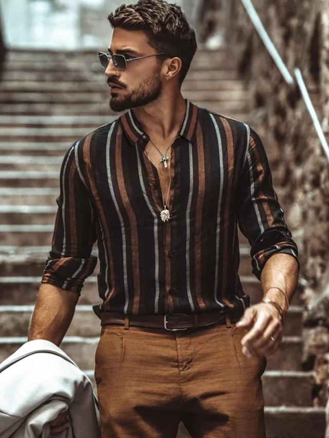 men striped print long sleeve fall shirt