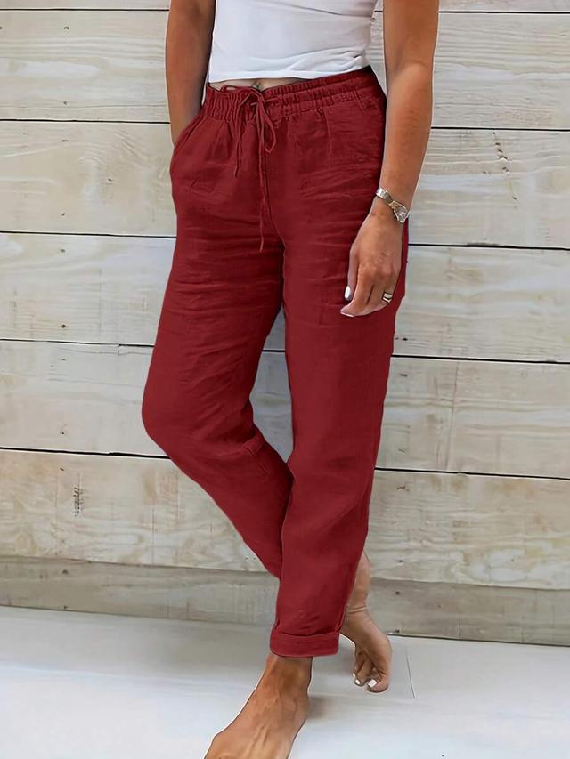 solid color drawstring waist casual linen blend pants