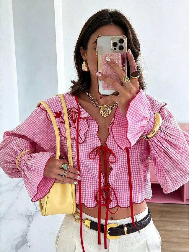 pink gingham tie collar ruffle flare sleeve blouse