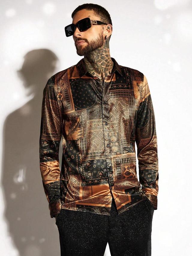 patchwork printed long sleeve button up shirt