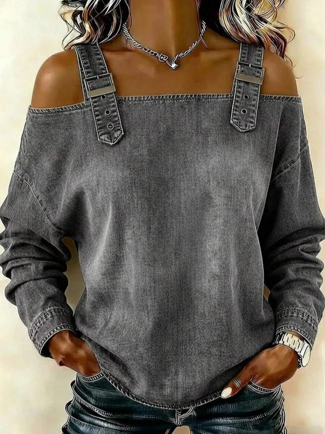grey acid wash denim long-sleeve top with strap detail