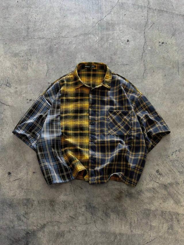 yellow black axepeak men's plaid contrast color simple fashion shirt