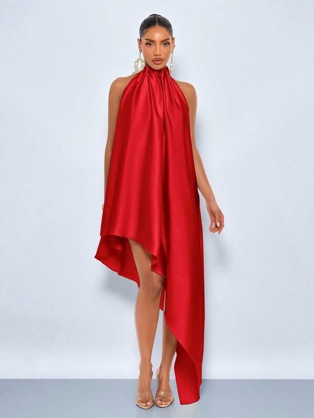 red satin high-low halter neck dress