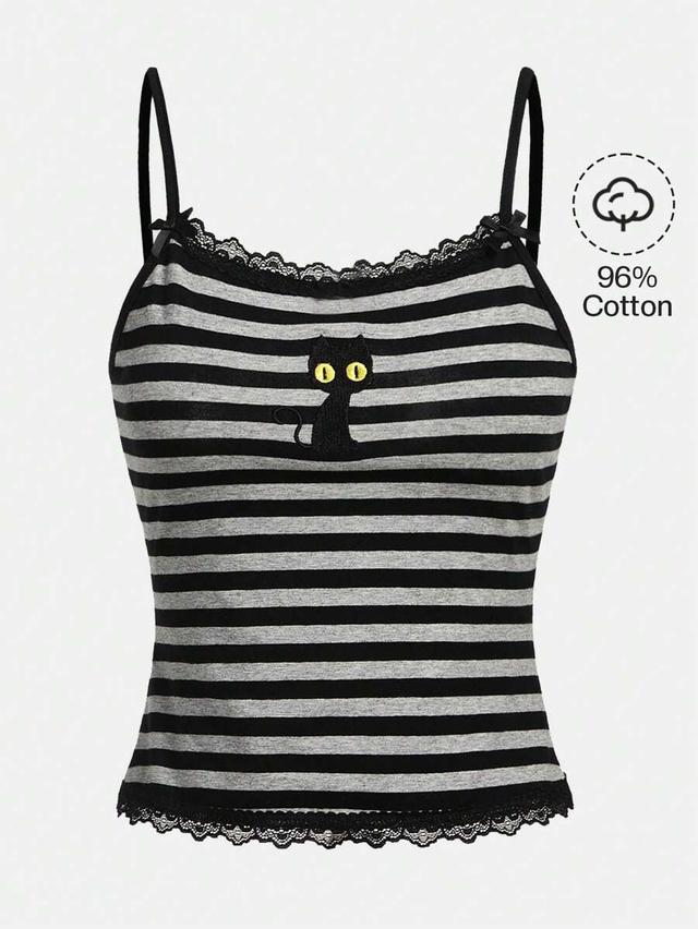 striped black cat embroidery camisole tank top