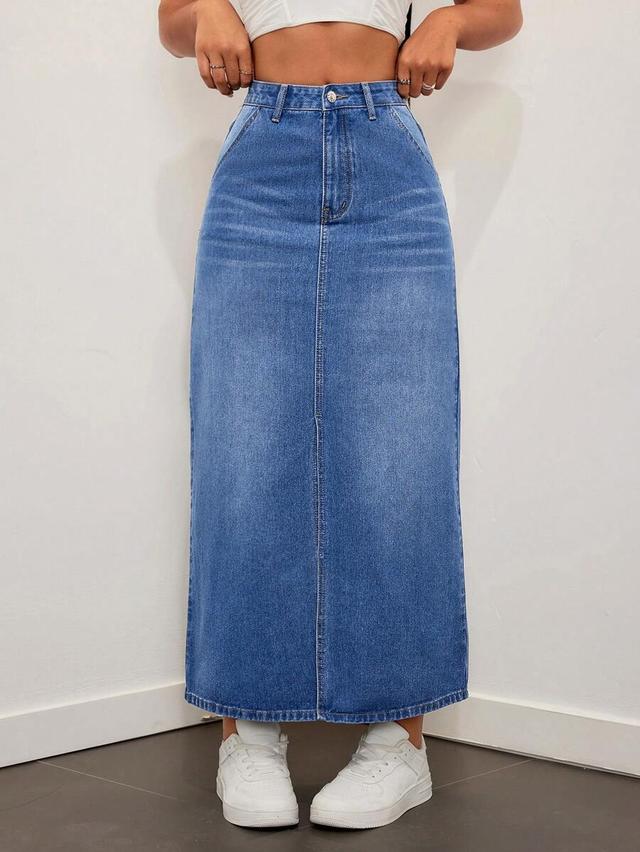 high-waisted blue denim midi skirt