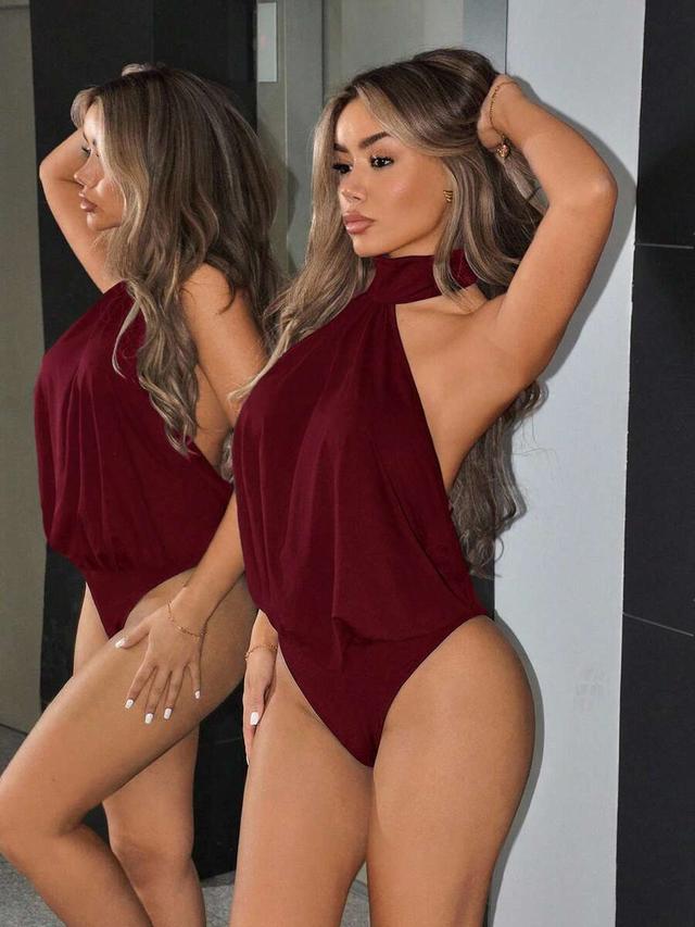 burgundy high neck backless layered bodysuit