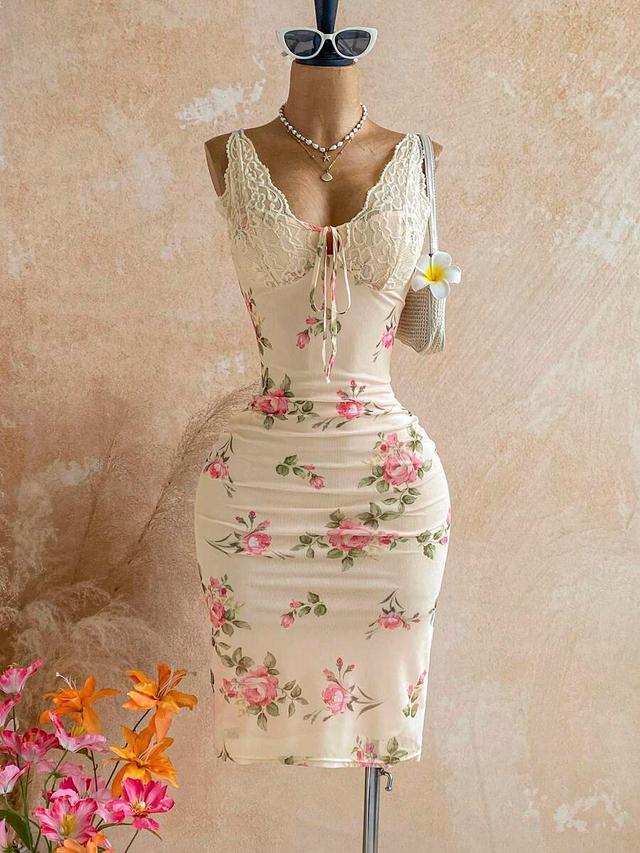 floral print midi dress with lace trim bodice