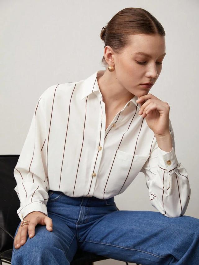 women's striped print button-up work shirt