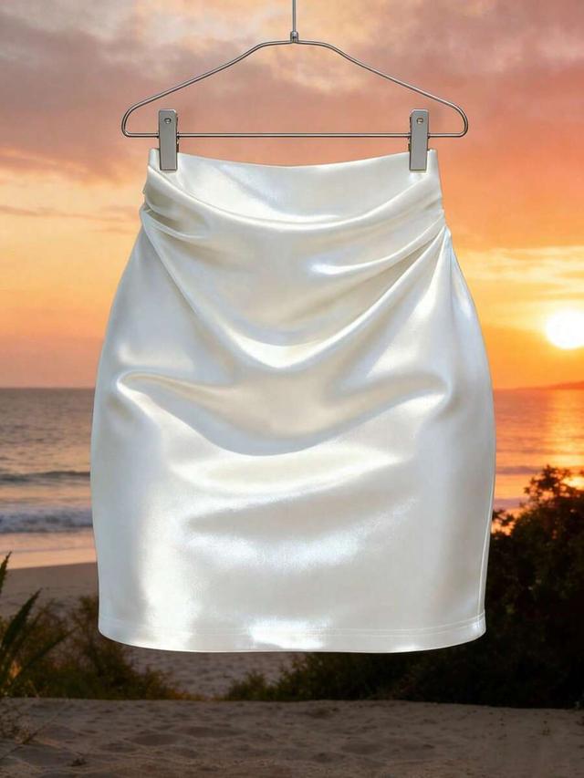 white satin mini skirt with draped front