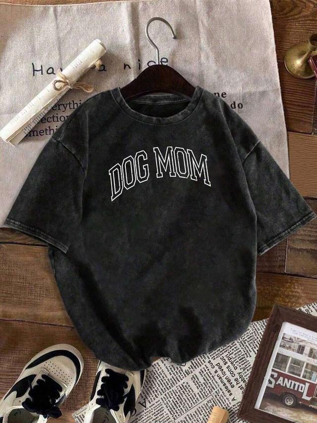 washed pink dog mom pattern round neck casual top