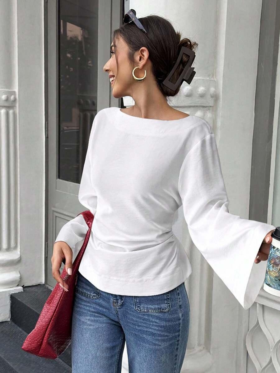 white pleated flare sleeve minimalist blouse with waist tie