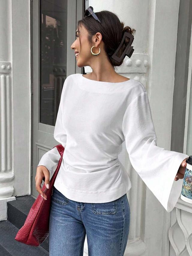 white pleated flare sleeve minimalist blouse with waist tie
