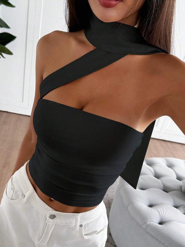 black strapless knit tank top with choker detail