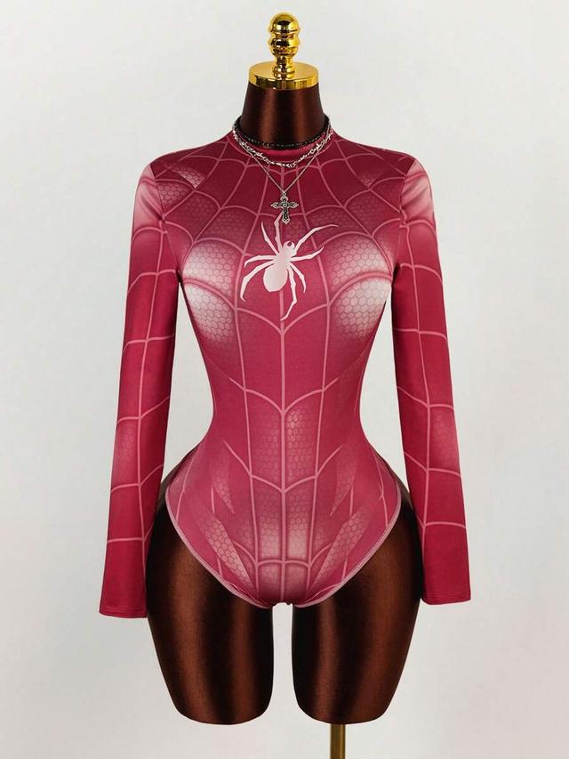 red spider web print long sleeve slim bodysuit