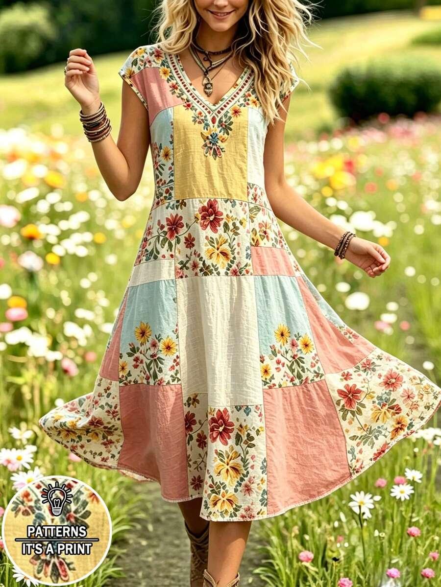 floral patchwork cotton midi dress