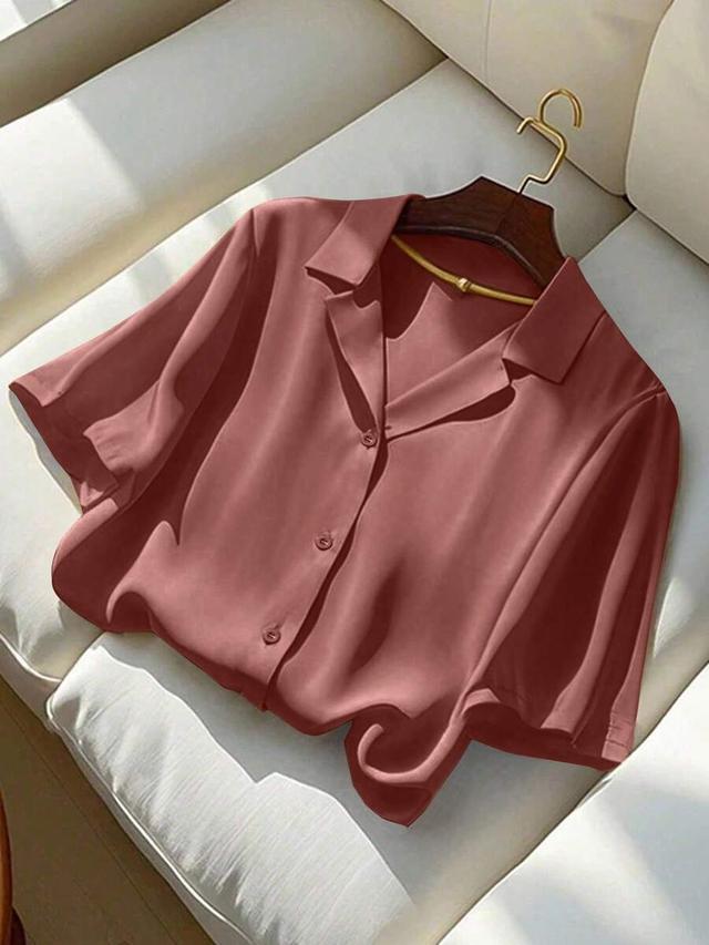 solid color turndown collar short sleeve shirt