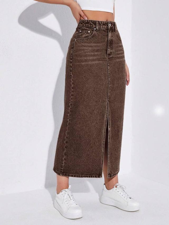 brown denim midi skirt with front slit