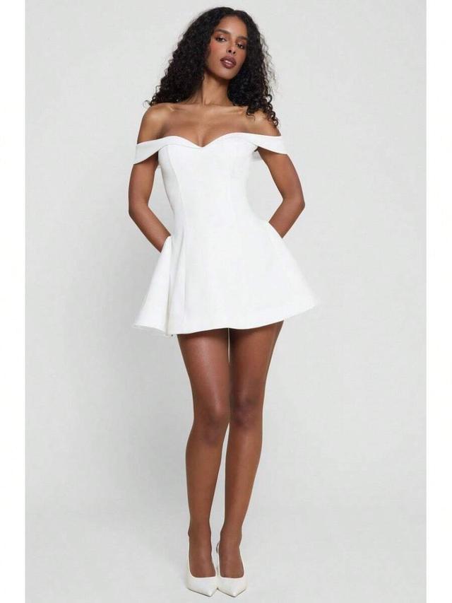 white off-the-shoulder structured skater dress
