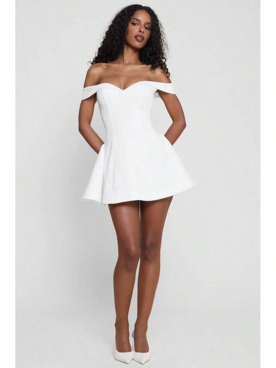 white off-the-shoulder structured skater dress