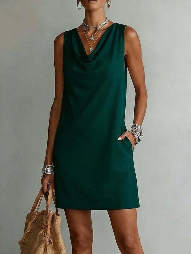 dark green sleeveless cowl neck shift dress