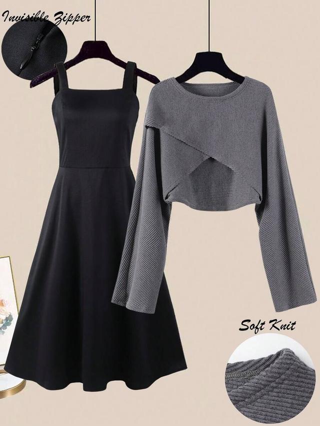 black asymmetric hem knit pullover and a-line dress set